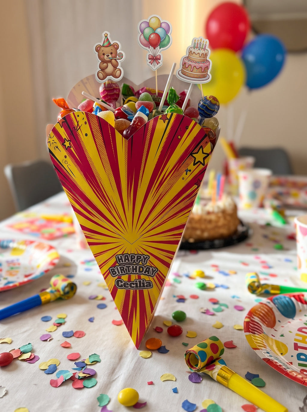 Birthday heart cone with Party Pack picks: teddy bear, balloons and birthday cake