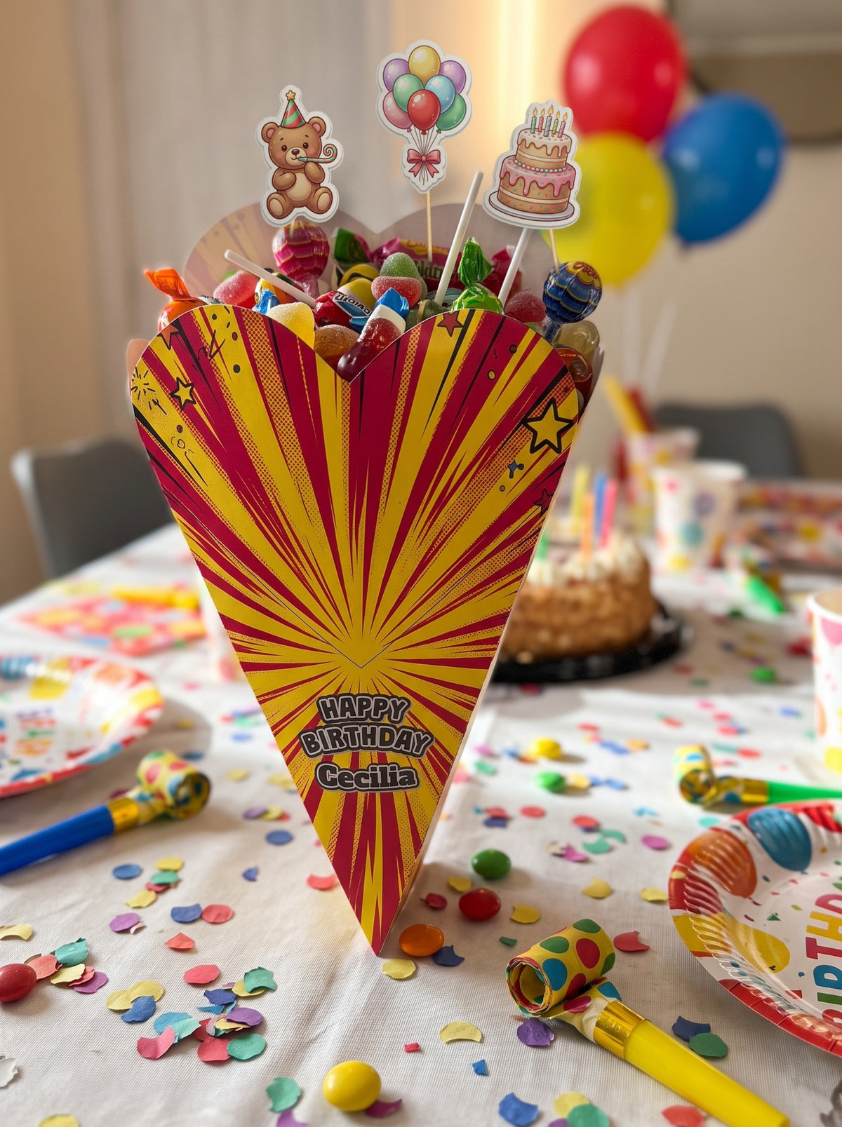 Birthday heart cone with Party Pack picks: teddy bear, balloons and birthday cake