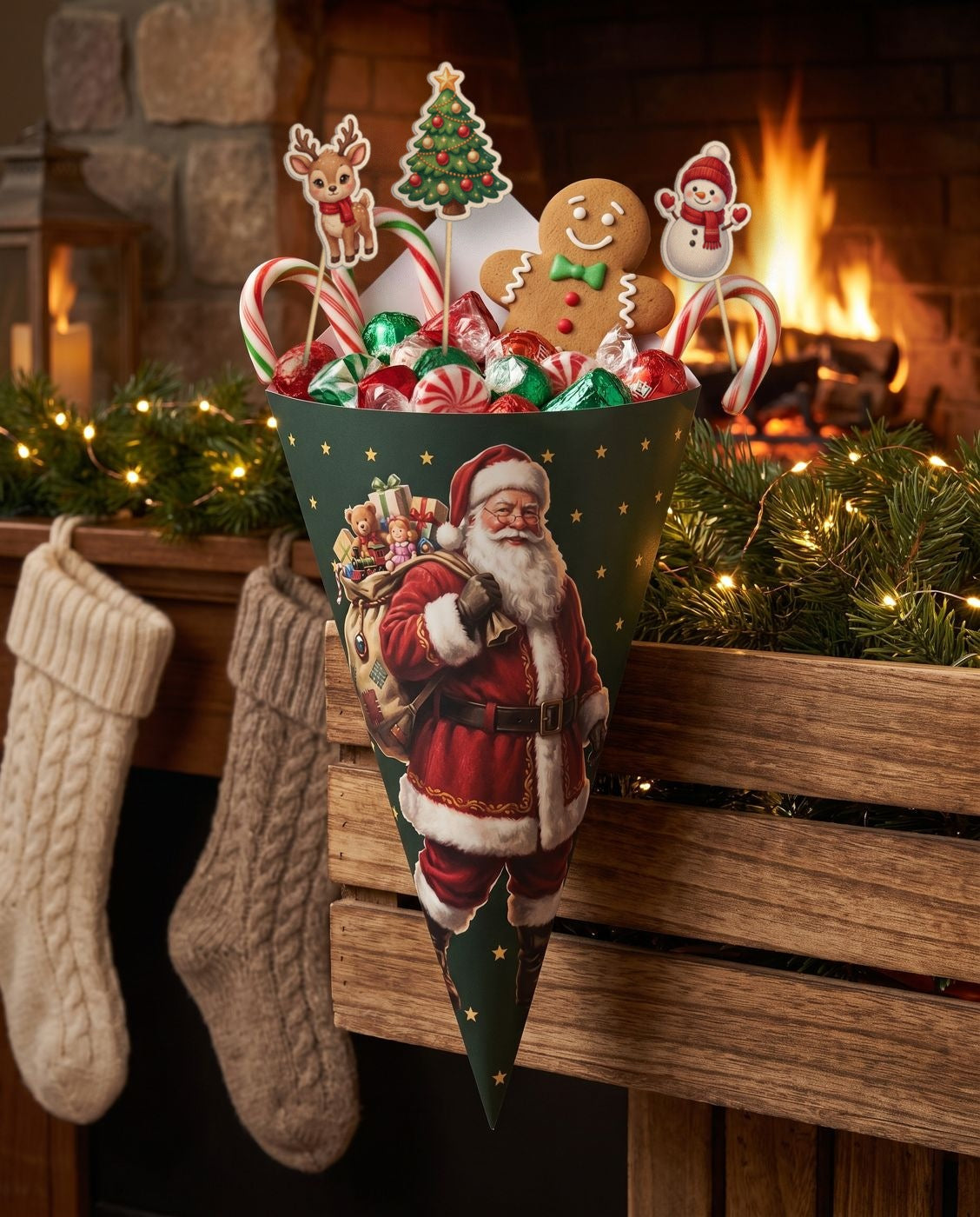 Santa cone with Party Pack Christmas picks: reindeer, tree and snowman