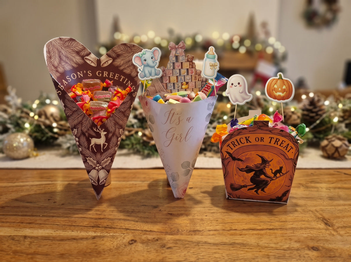 Keepsy cones with Party Pack picks: baby elephant, baby bottle, ghost and pumpkin