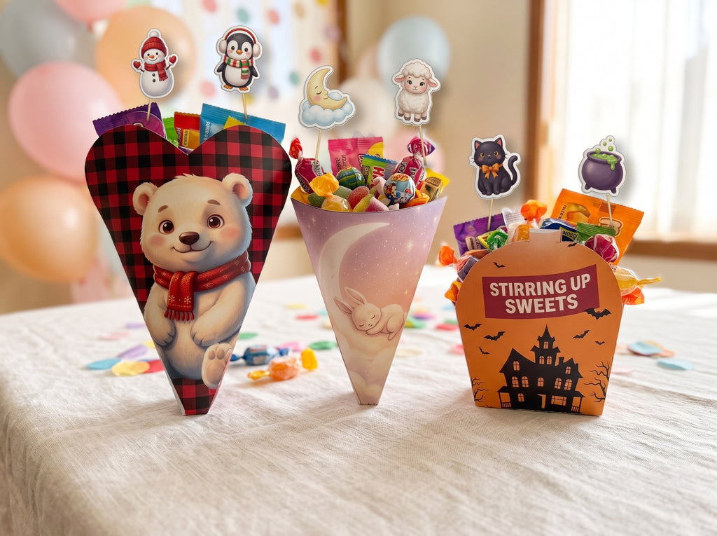 Three Keepsy cones with matching Party Pack picks for Christmas, baby shower and Halloween