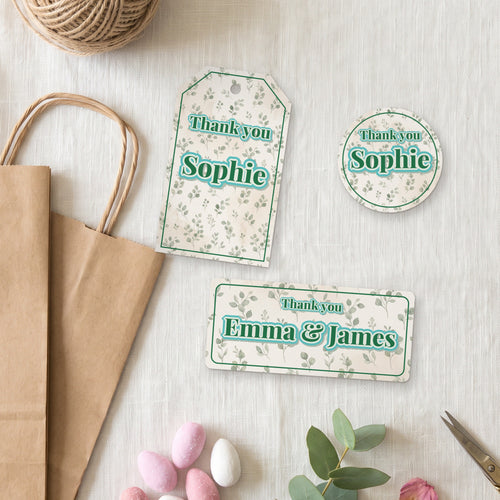 Printed wedding favor tag, round label and rectangle label with eucalyptus design
