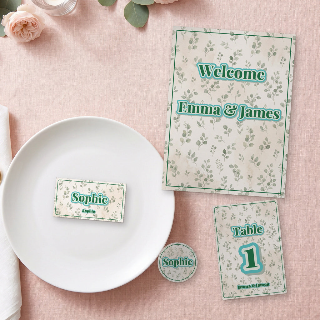 Printed wedding welcome sign, place card on a plate, table number and round topper