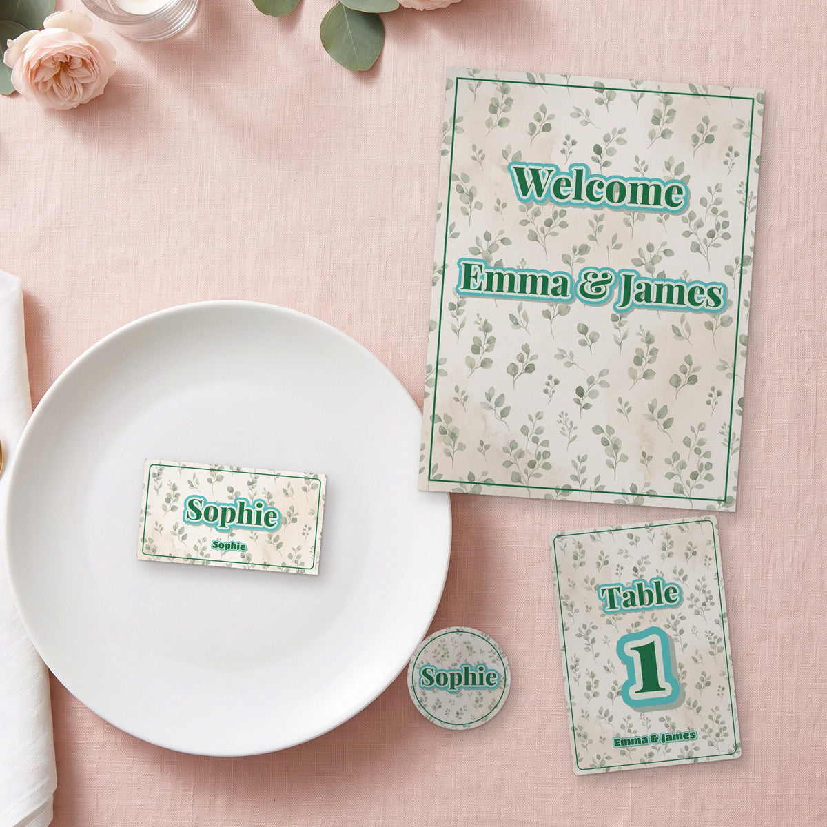 Printed wedding welcome sign, place card on a plate, table number and round topper