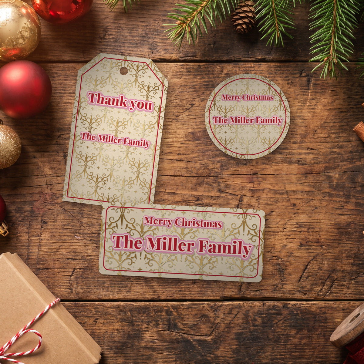 Printed Christmas favor tag, round label and rectangle label in ivory and gold