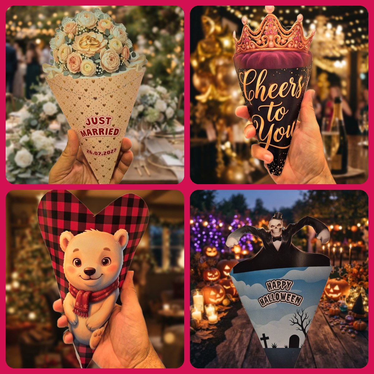 Personalized printable party cones made with Keepsy Studio for weddings, birthdays, Christmas and Halloween