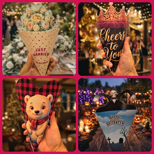 Personalized printable party cones made with Keepsy Studio for weddings, birthdays, Christmas and Halloween