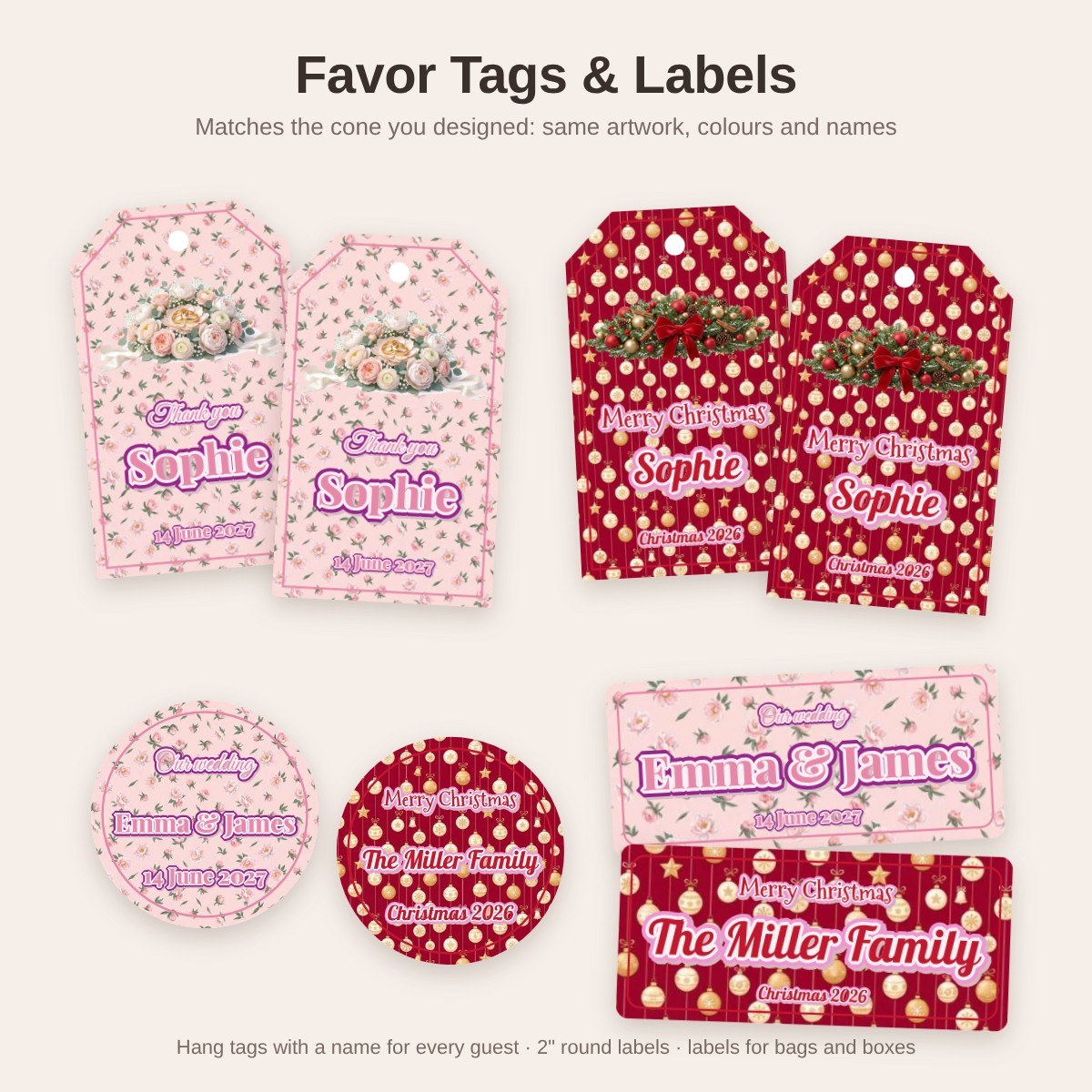Favor tags, round labels and rectangle labels matching a wedding cone and a Christmas cone