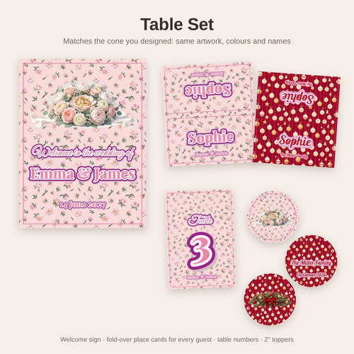 Welcome sign, place cards, table number and toppers matching a wedding cone and a Christmas cone
