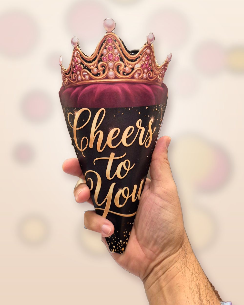 Cheers to You party cone with a crown, printed at home